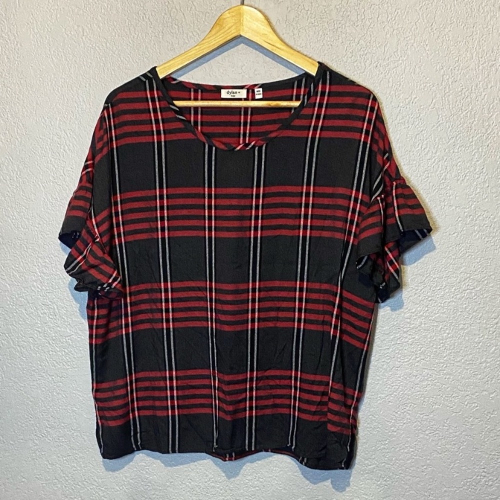 Dylan Boutique Brand Low Crop Plaid Ruffle Short Sleeve Top